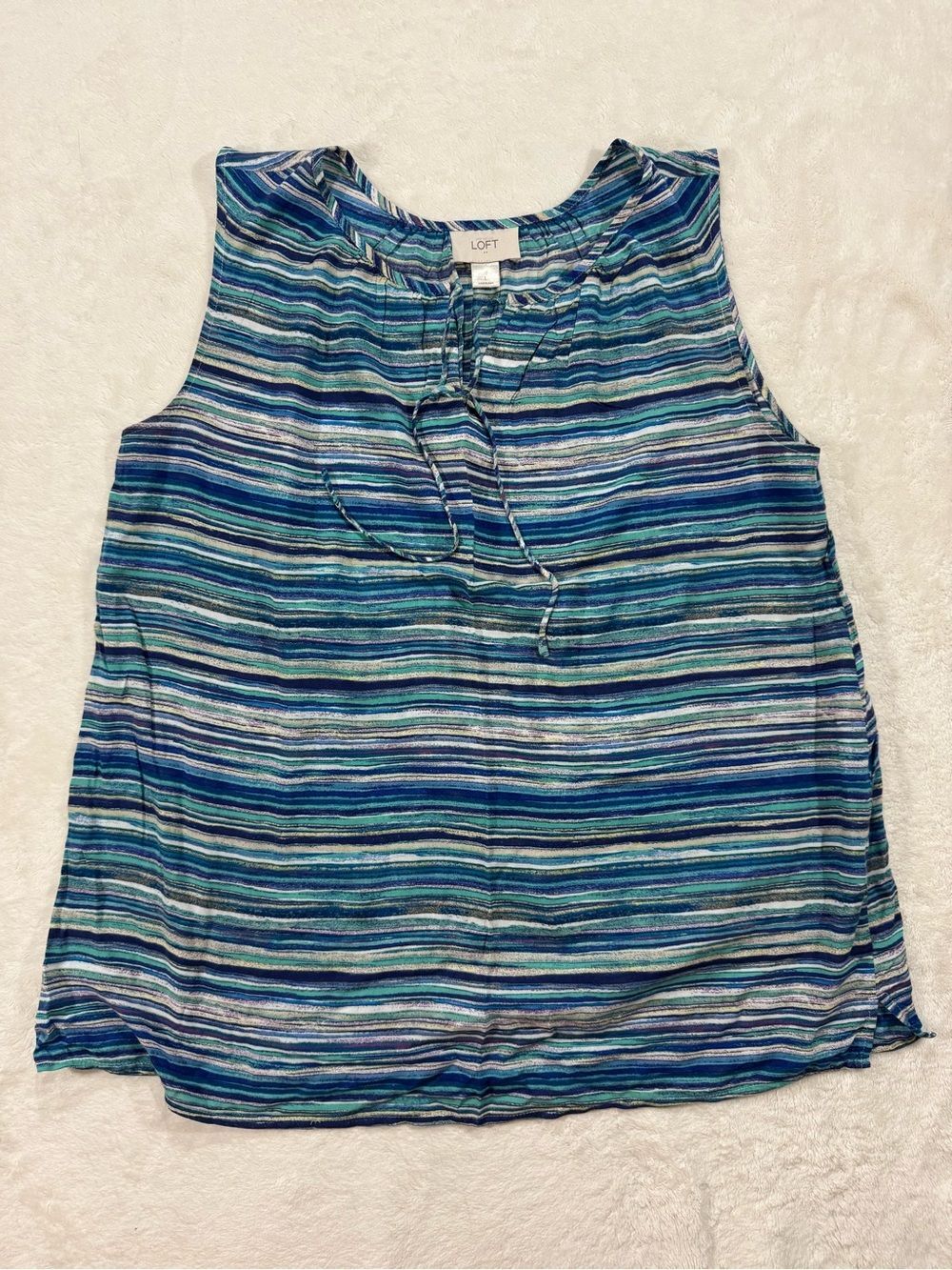 LOFT Striped Crinkle Tie Front Tank Top Blue Teal Large